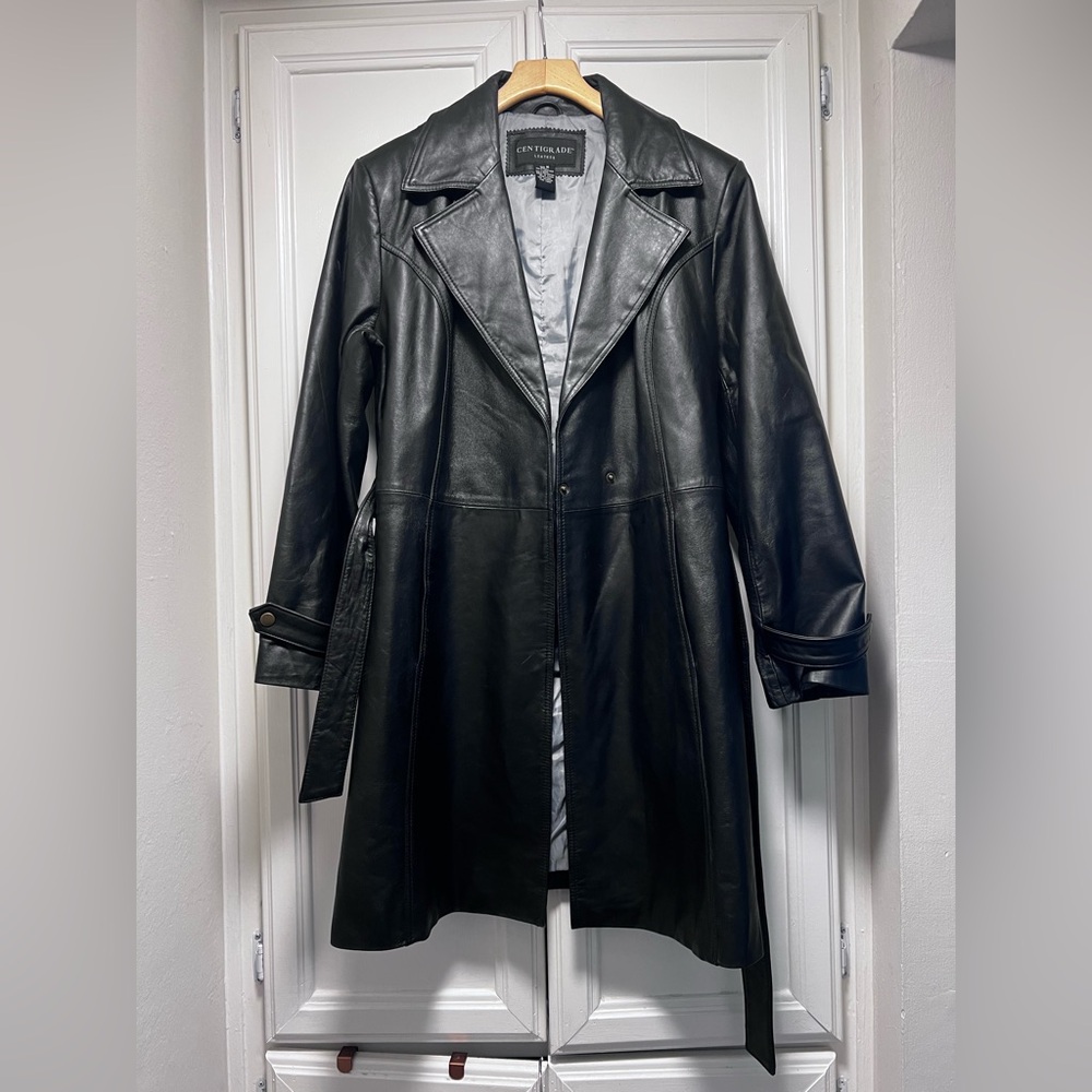 Centigrade Black Leather Coat Mid 3/4 Length Elegant Classic Minimalist Medium